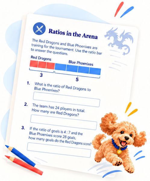 Pixie beside a Ratios in the Arena worksheet with a colourful ratio bar and space for answers